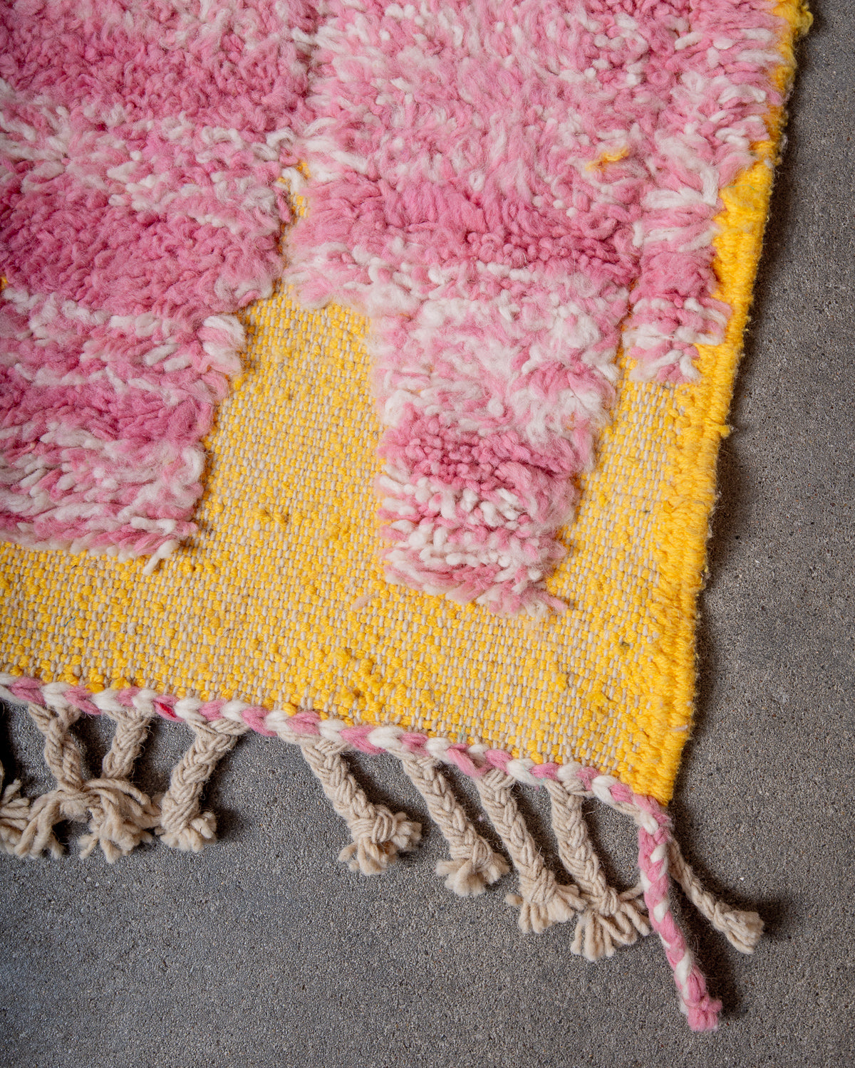 Modern, designer, handcrafted Berber rug from Morocco. Beniourain carpet with beautiful colours and patterns and fluffy wool texture.